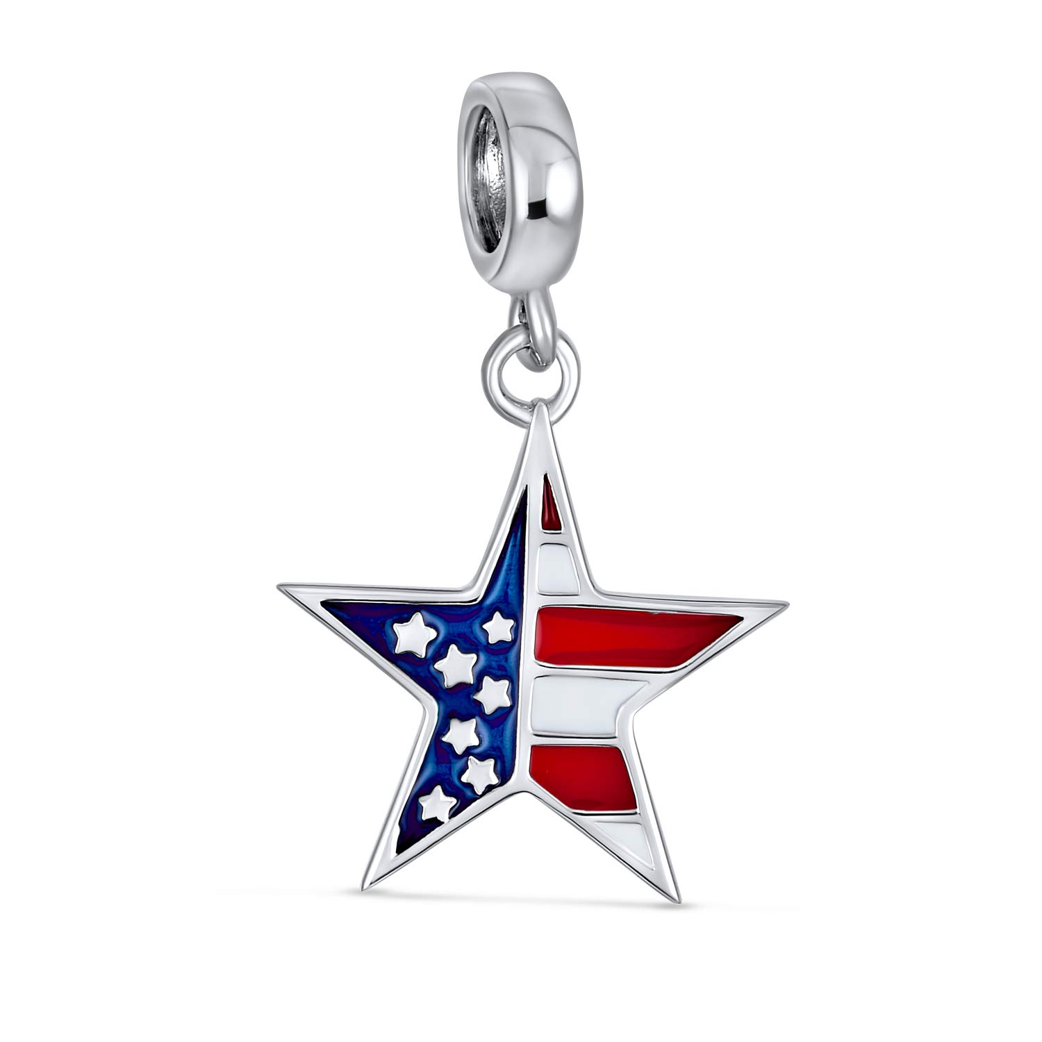 Bling Jewelry Red White Blue Stripe Holiday American USA Patriotic Flag Star Shape Dangle Charm Bead For Women Teens .925 Sterling Silver Fits European Bracelet