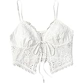 SweatyRocks Women's Casual Hollow Out Tie Front Cami Top Lace Trim Slim Fit Crop Tops
