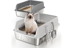 Fusblom 2 Pack Stainless Steel Cat Litter Box with Scoops, Non-Stick Easy Clean Metal Litter Box with Lid, Anti-Leakage Semi-