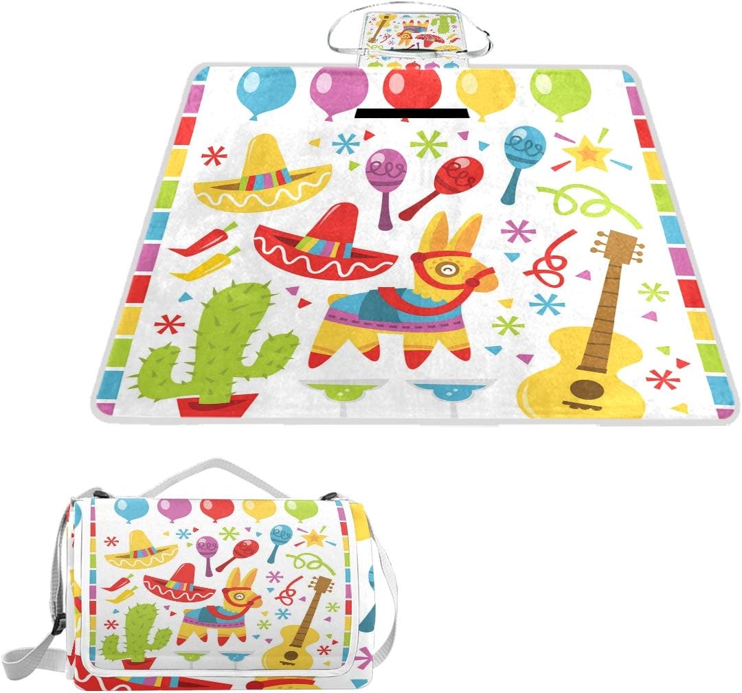 XINGAKA Picnic Blanket,Fiesta Party Pattern Cactus Print，Large Beach Blanket Outdoor Camping,Waterproof Backing,Foldable