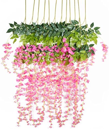 3.6 Feet Artificial Wisteria Vine Ratta Silk Hanging Flower for Wedding Decor,Garden,DIY Living Room,12 Pieces (Pink)
