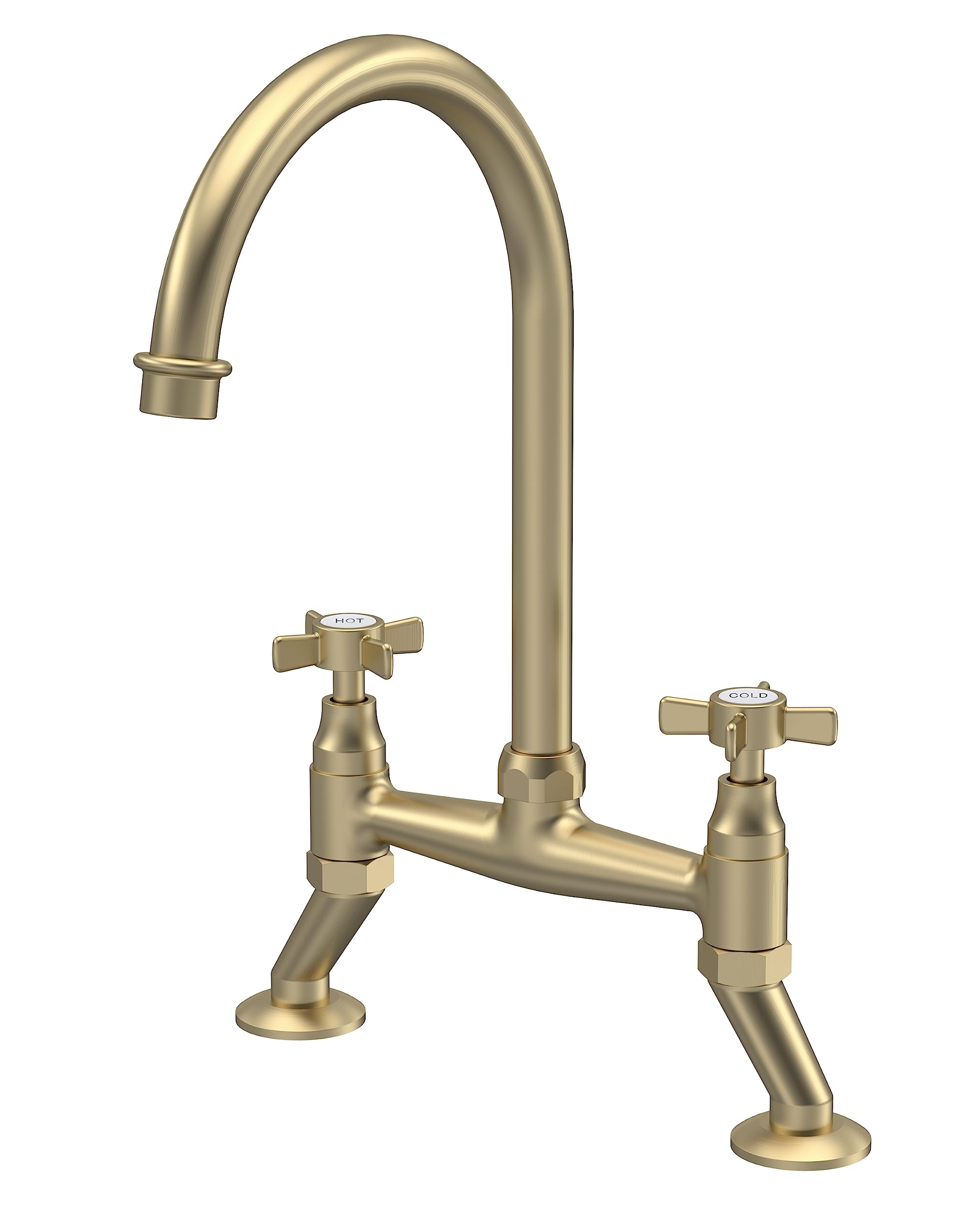 nuie KB806 Kitchen Taps Traditional Bridge Mixer Kitchen Tap with Crosshead Handles, 237mm, Brushed Brass