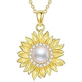 Sunflower Pearl Necklace for Women 925 Sterling Silver Freshwater Pearl 18K Gold Plated Sunflower Pendant You Are My Sunshine Necklace Ladies Jewelry Gifts for Valentines Day