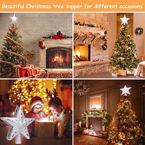 Christmas Tree Topper with LED Lighted Snowflake Projector, Silver Glittered Star Tree Topper for Christmas Tree Decorations Indoor LED Night for Christmas Nursery Bedroom Holiday Decoration