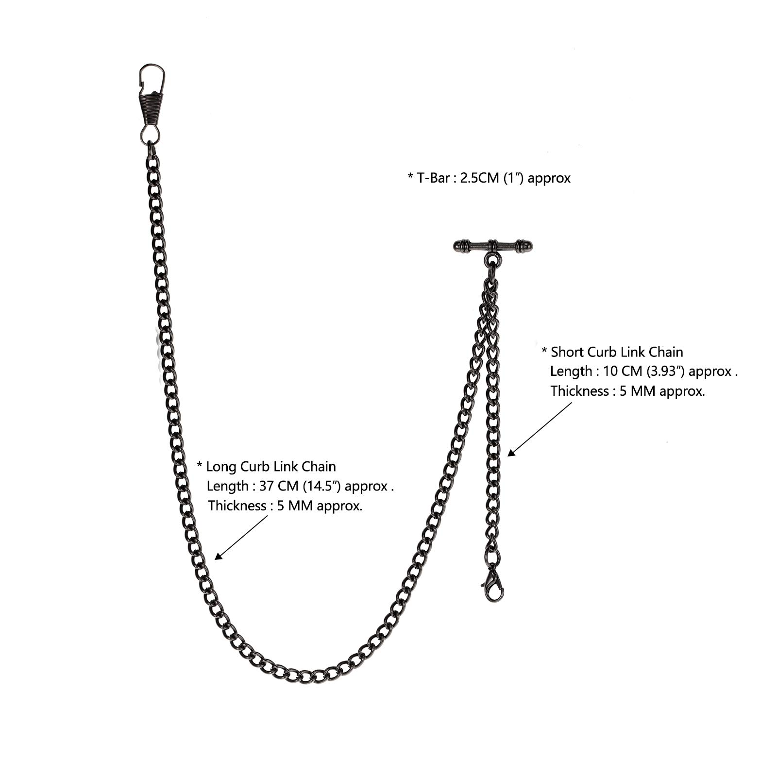 TREEWETO Pocket Watch Albert Chain T-Bar Watch Chain Link 16 inch 2 Hooks Bronze/Silver/Gold/Black Classic Antique Fob T Bar