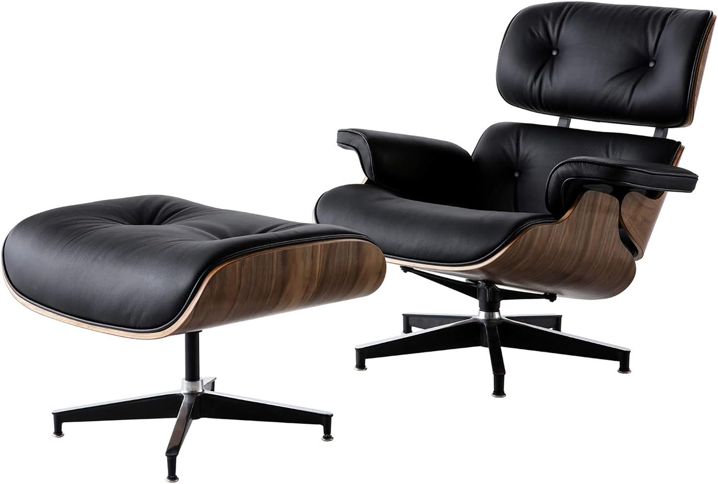 Mid Century Modern Lounge Chair with Ottoman, Recliner Chair with 100% Natural Leather, Plywood Swivel Chair for Living Room (Black Walnut)