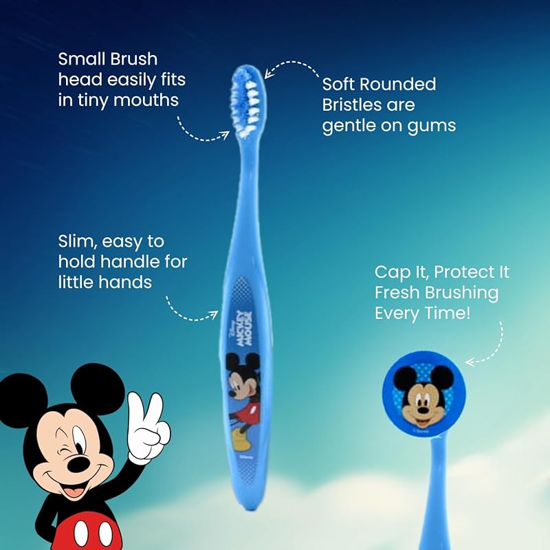 Mr.White Mickey Mouse - Juego de bolsas para niños, ideal para viajes, incluye cepillo de dientes manual con ventosa, tapa de viaje, pasta de dientes con sabor a menta suave para niños, 75 ml, y 1