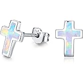 Opal Cross Stud Earrings, 925 Stertling Silver Hypoallergenic Anchor Stud Earrngs and Tiny Opal Cross Studs Jewelry for Women