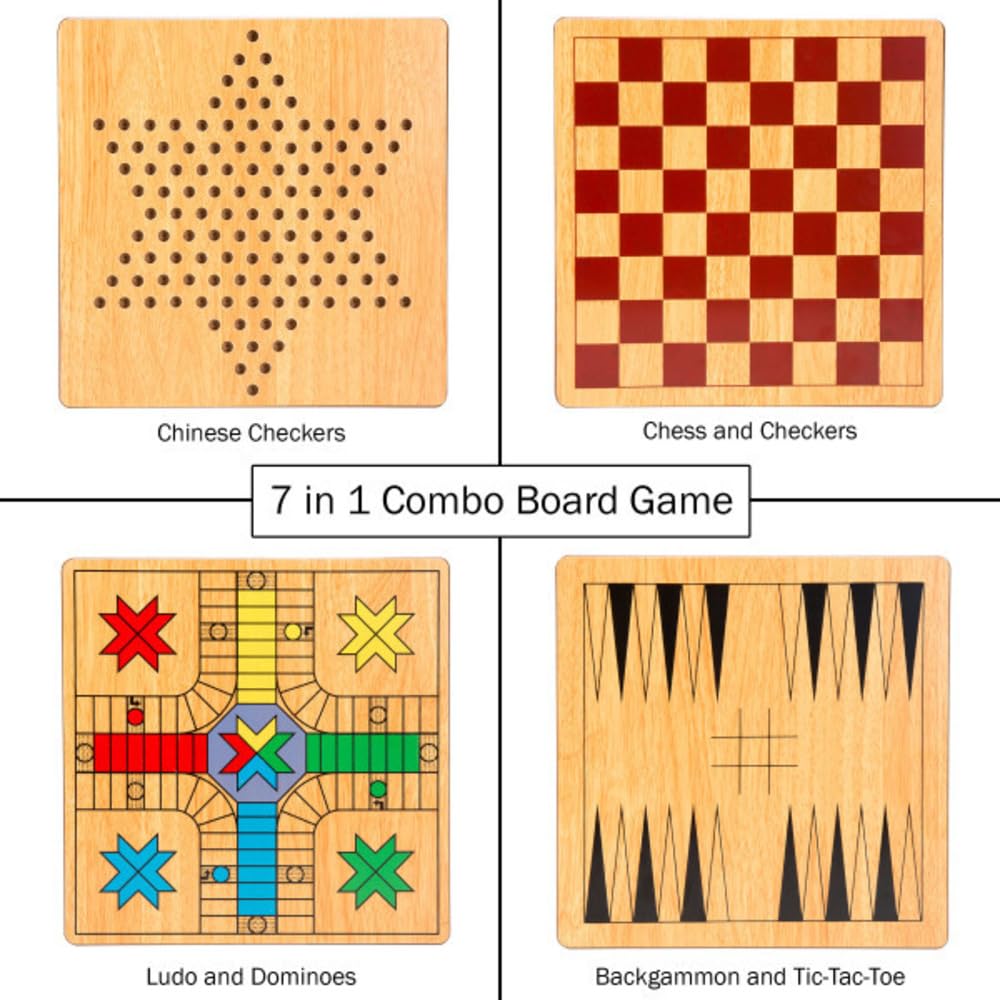 7-in-1 Combo Board Game and Chess Set - with Ludo, Backgammon, Checkers, Chinese Checkers, Dominoes, and Tic-Tac-Toe - by Hey! Play!