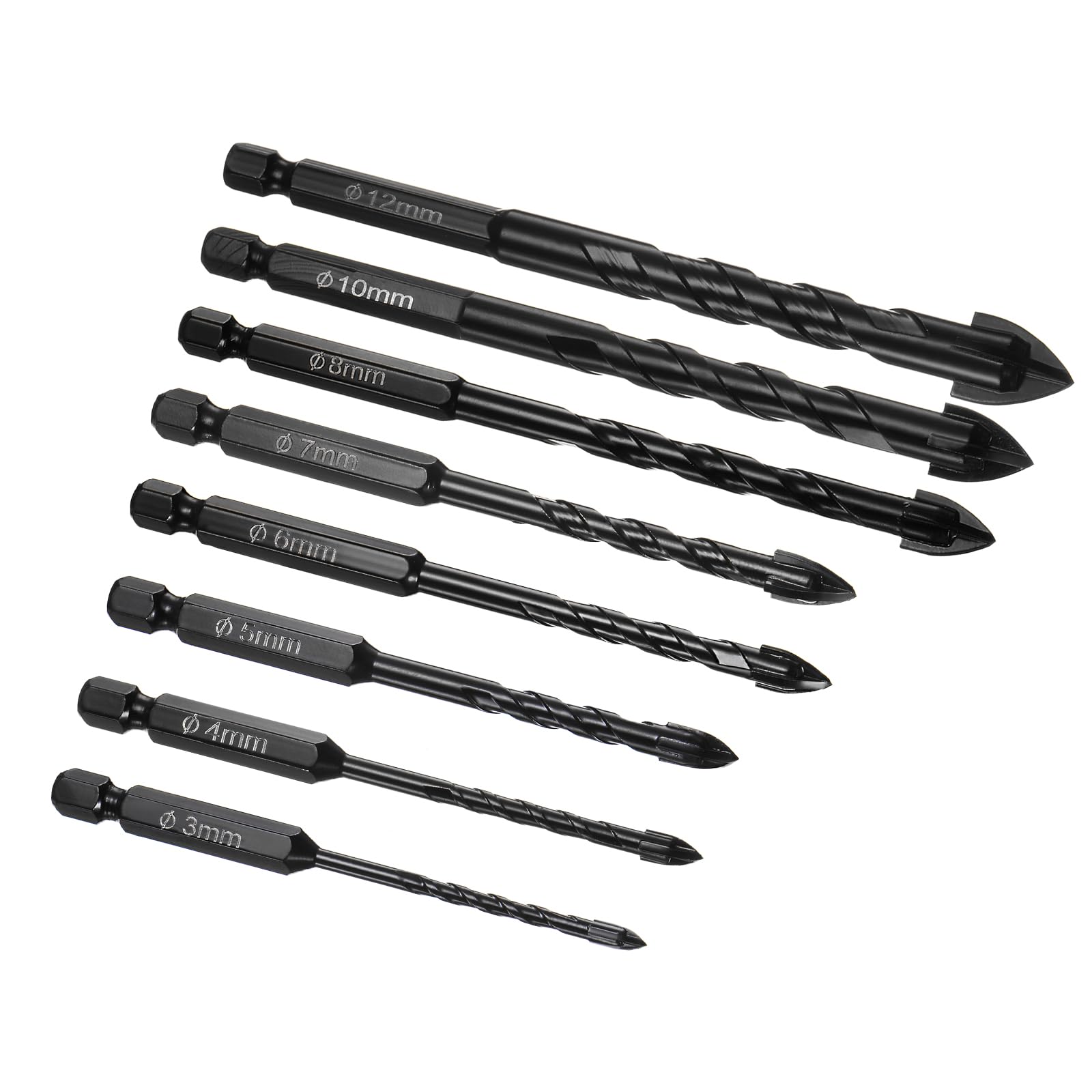 Kozelo 8 Pcs Glass Concrete Drill Bit - [3/4/5/6/7/8/10/12mm] Carbide Tip Concrete Masonry Drill Bit for Concrete, Glass, Walls, Bricks, Wood Use | 1/4 Inch Shank, High Speed Steel
