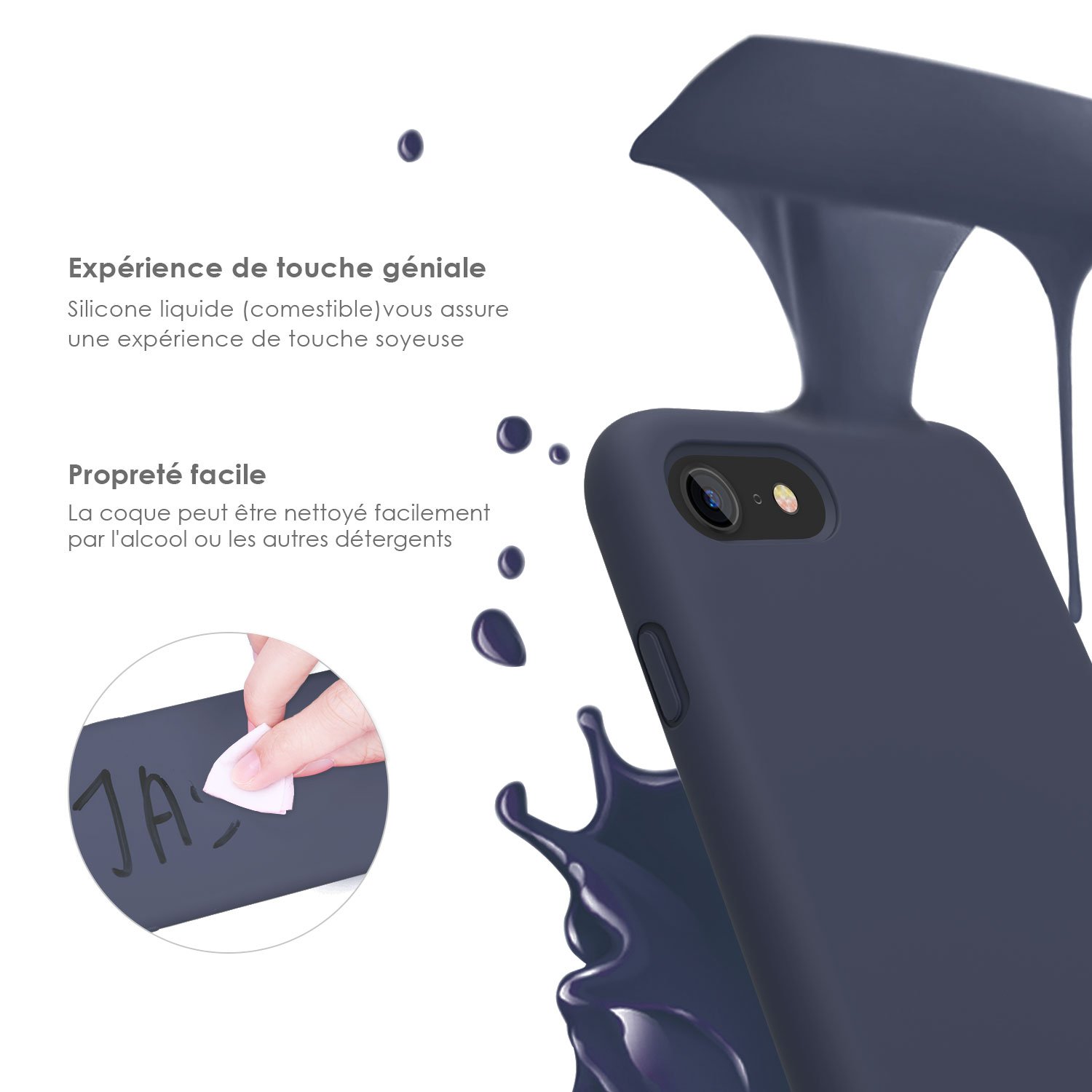 Coque iPhone 7 / 8 , JASBON Coque Silicone Liquide Anti-rayure avec Protecteur d\'écran Gratuit, Housse Protection Silicone Anti-choc Gel Case pour iPhone 7 / 8 – Bleu Foncé