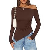 ZESICA Women's Off The Shoulder Tops 2026 Long Sleeve Y2K Asymmetrical Ruched Fitted Shirts Spring Trendy Going Out Top
