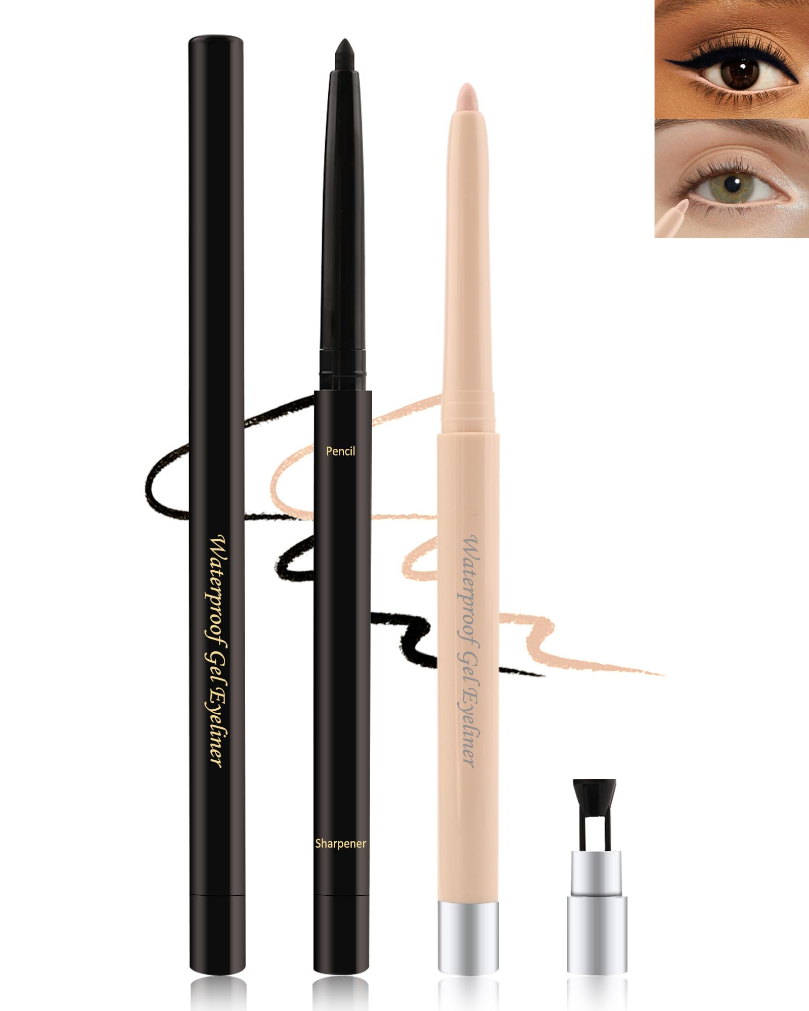 Black+Nude Waterline Eyeliner Pencil,Smooth Gel Eye Liner Pencils for Older Women,Waterproof Smudge-Proof Long Wear Retractable Eyeliner Pen with Sharpener, Liner Tattoo Makeup for Sensitive Eyes-2Pcs