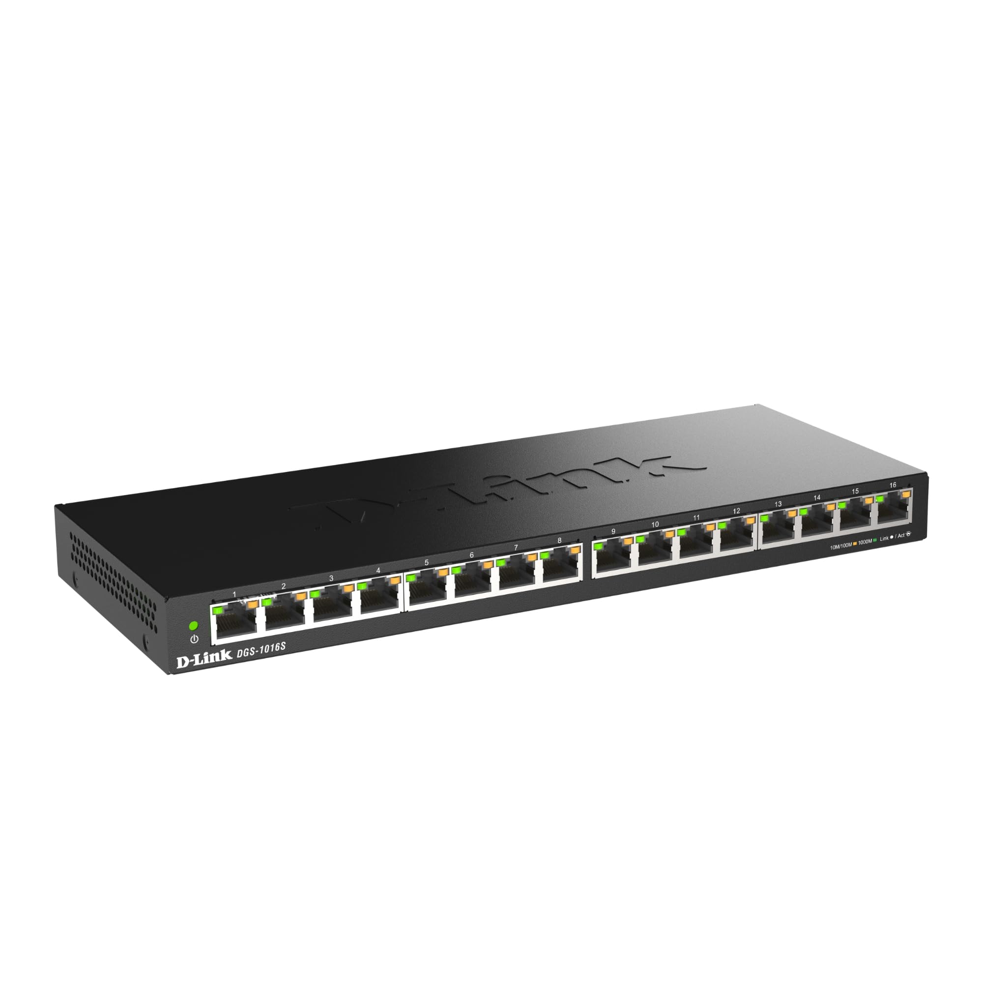D-Link DGS-1016S 16-Port Unmanaged Gigabit Switch (ohne Lüfter, Low Profile Metallgehäuse, Desktop / Wandmontage, Plug-and-Play, 802.1p QoS, 802.3az EEE), schwarz