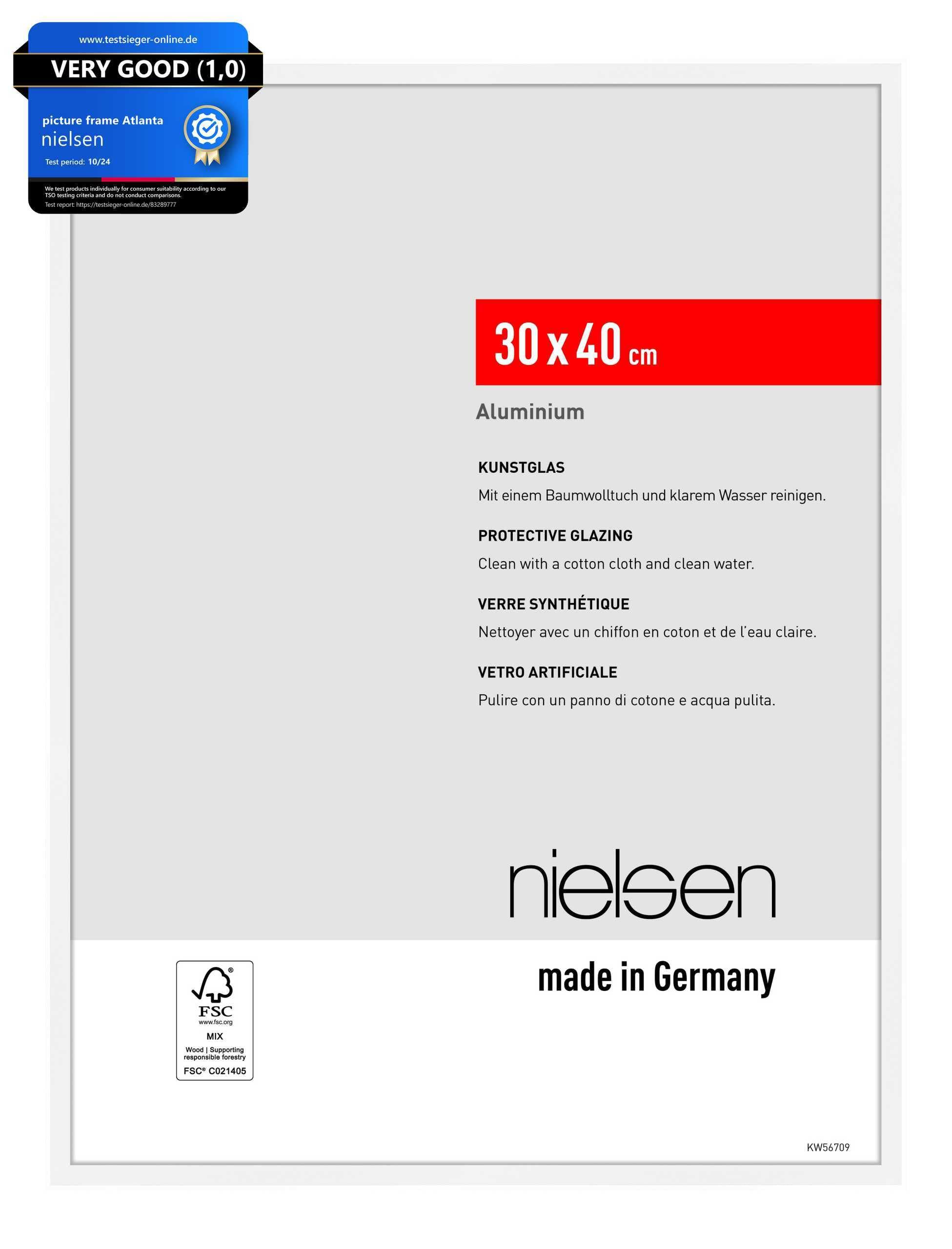 nielsen Atlanta Aluminium Picture Frame - Matt White 30x40cm - with Synthetic Glass and Push-Turn Clips