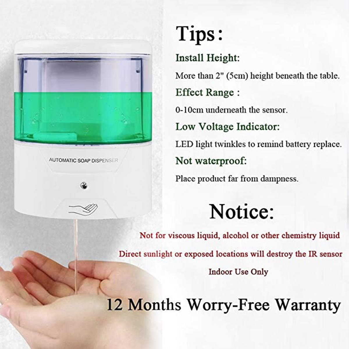 Automatic Soap Dispenser Sunsbell Wall-Mounted Sensor Soap Dispenser - Battery Powered Senor Pump for Kitchen/Bathroom (600ML-S01): Home & Kitchen