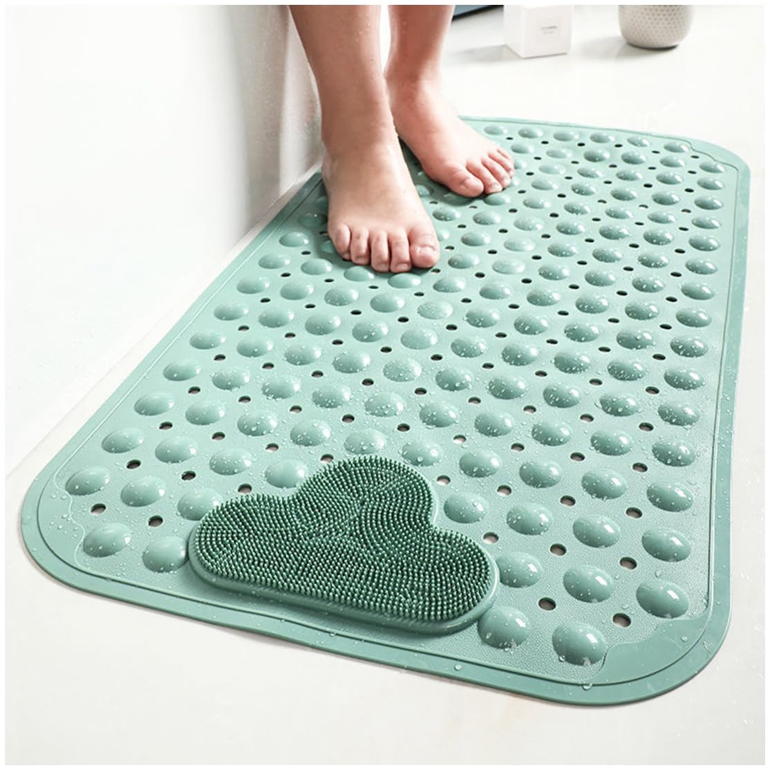 Moulaelos Non-Slip Shower Mat, 70x40cm, TPE, Anti-Mould & Mildew - Soft & Comfortable, Strong Suction Cups with Drain Holes, Machine Washable (Green)