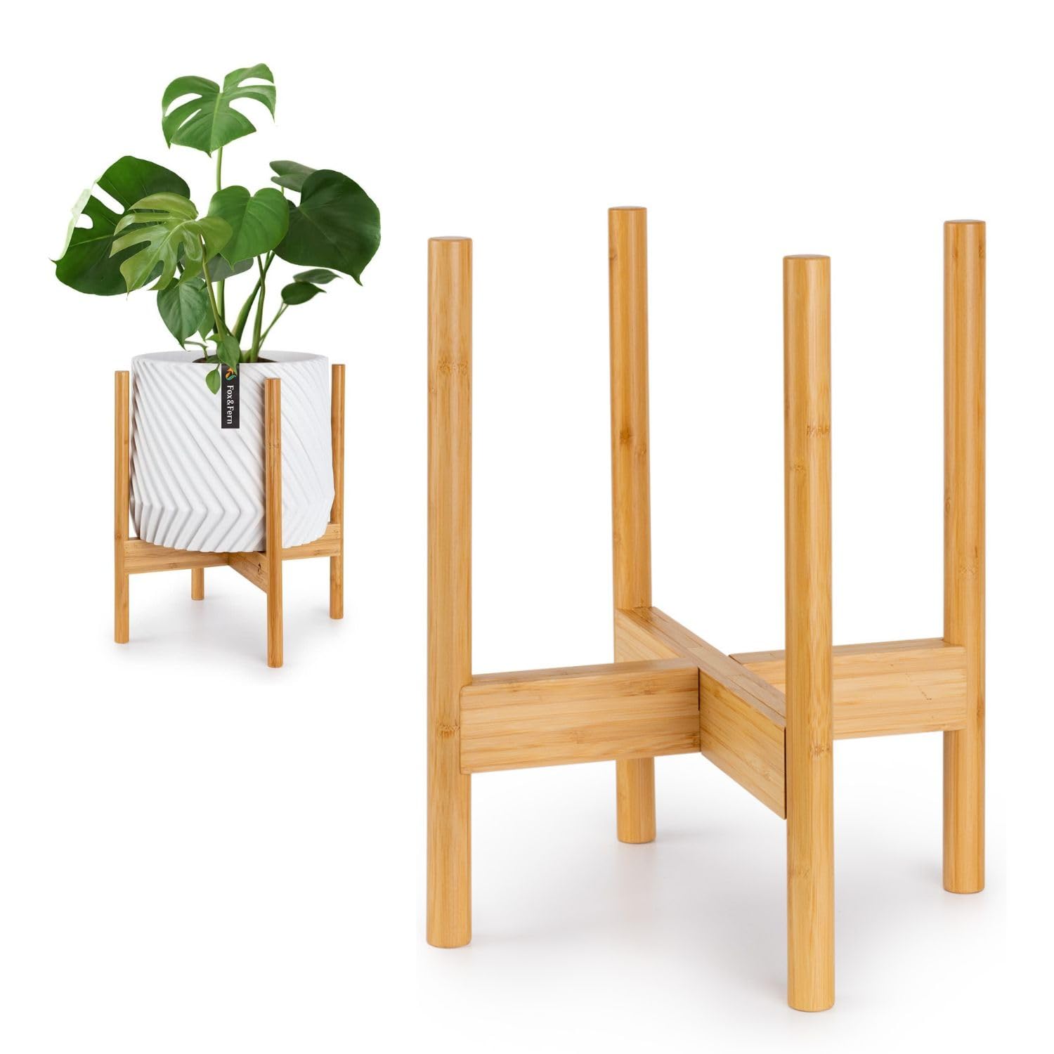 Fox & Fern Mid-Century Modern Plant Stand - Bamboo - EXCLUDING 30cm White Ceramic Plant Pot