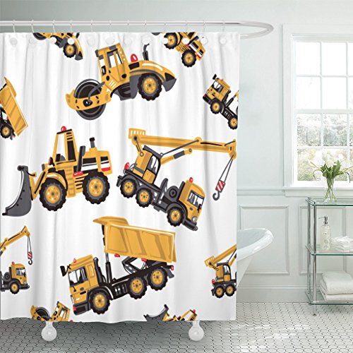 Emvency Shower Curtain Road Roller Bulldozer Dumper Truck Crane Inspired by Building Machinery for Children's Room Mobile Waterproof Polyester Fabric 72 x 72 inches Set with Hooks