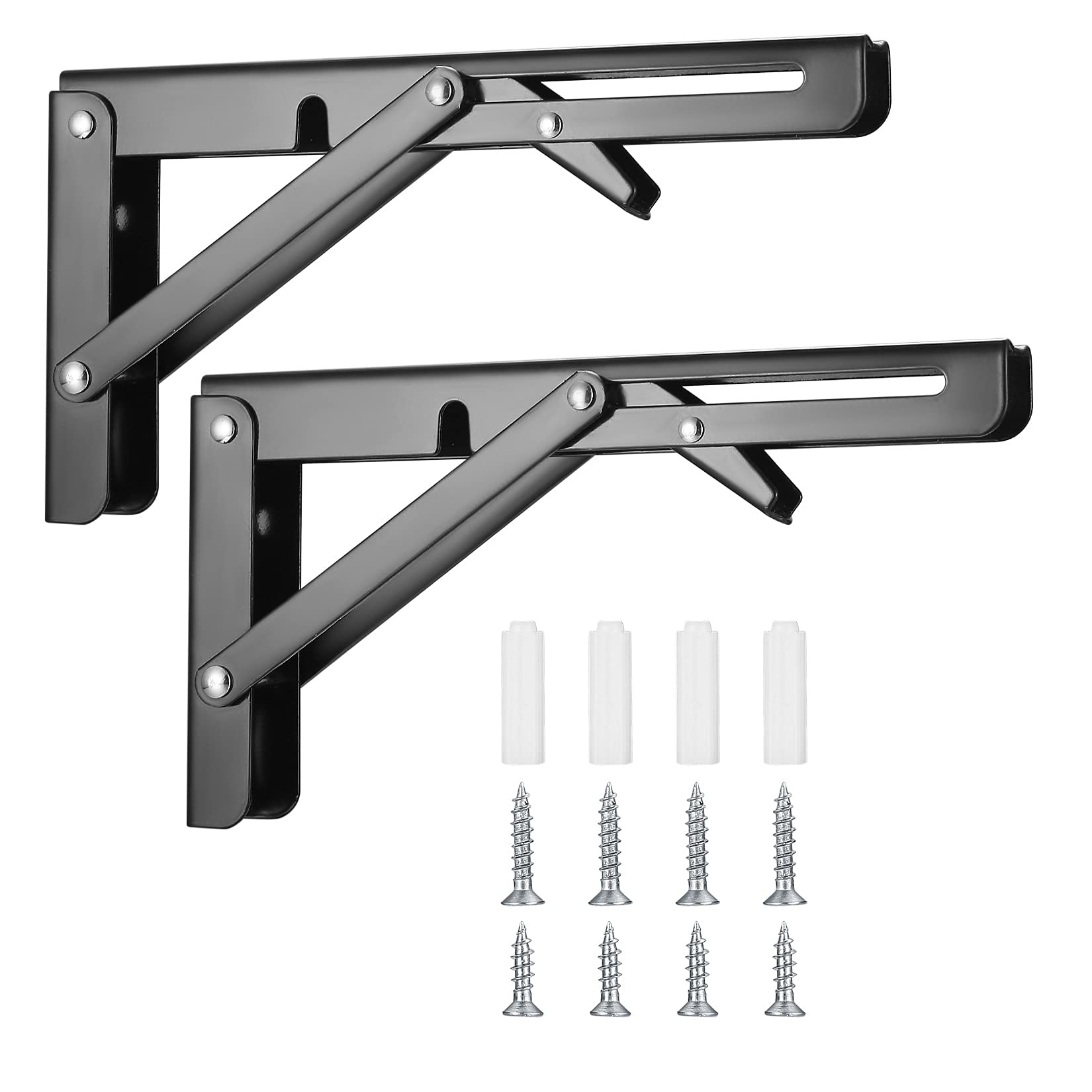 2 Pcs Folding Shelf Brackets, Heavy Duty Collapsible Shelf Bracket Wall Mounted, Metal Foldable L Right Angle Shelves Supporter Triangle Brackets for Bench Table Shelf, Black