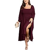 SCOMCHIC Women's Plus Size Fall Dresses Long Sleeve Square Neck Smocked Flowy A-Line Formal Wedding Guest Maxi Dress