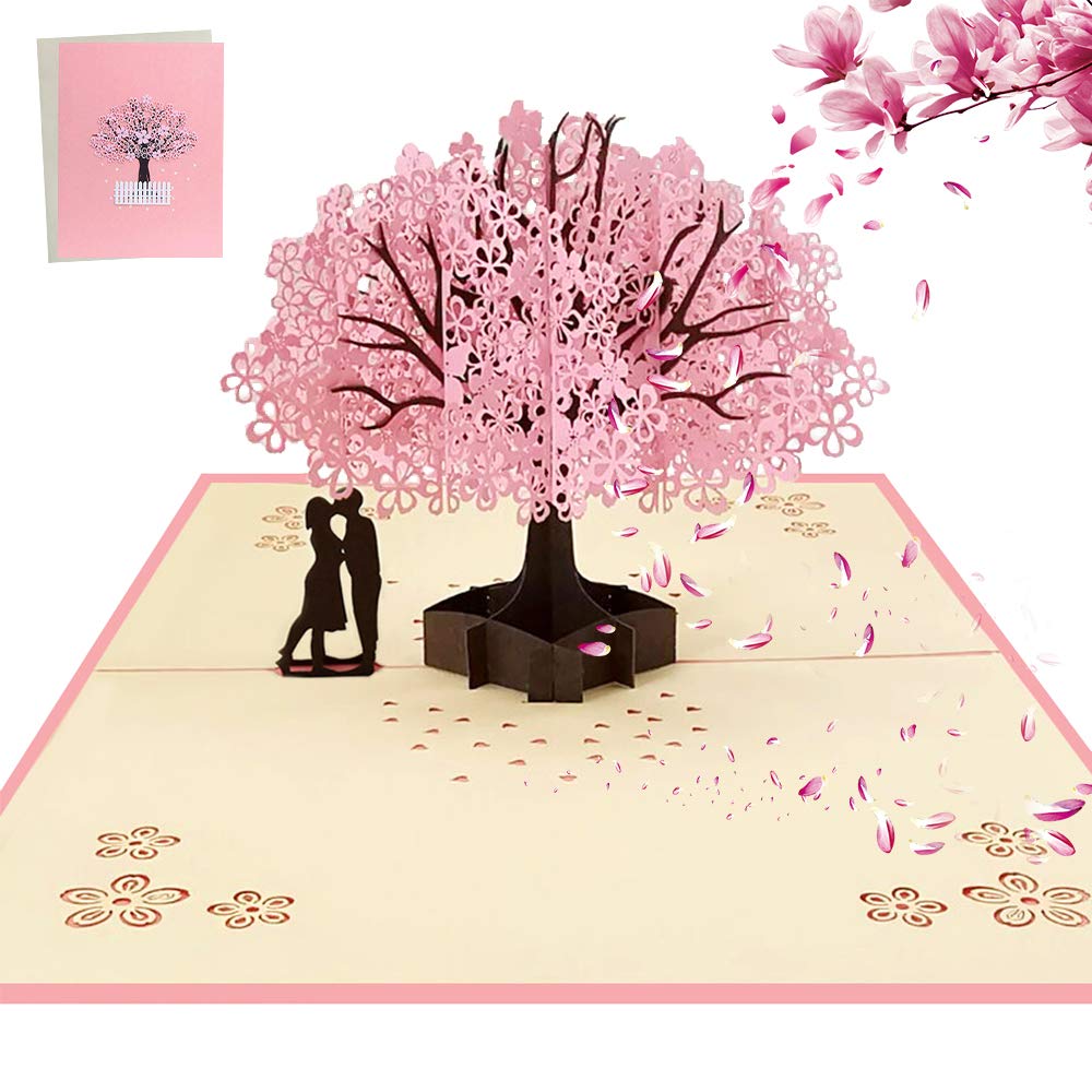 AOBETAK 3D Pop Up Greeting Card with Envelope for Wife Husband Her Him Boyfriend Girlfriend, Romantic Couple Under Cherry Tree, Cards for Wedding, Christmas, Birthday, Anniversary, Valentine's Day
