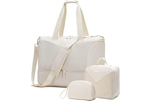 ETRONIK Weekender Bag for Women, Carry on for Airplanes with USB Charging Port, Travel Duffle Bag with Shoe Compartment & Wet Pocket, Overnight Bag for Women with Toiletry Bag 3Pcs Set, Beige