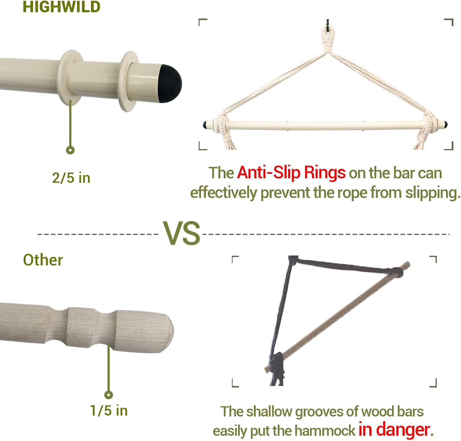Highwild Hammock Chair Hanging Rope Swing - Max 500 Lbs - 2 Cushions Included - Steel Spreader Bar with Anti-Slip Rings - for Any Indoor or Outdoor Spaces (Beige): Kitchen & Dining