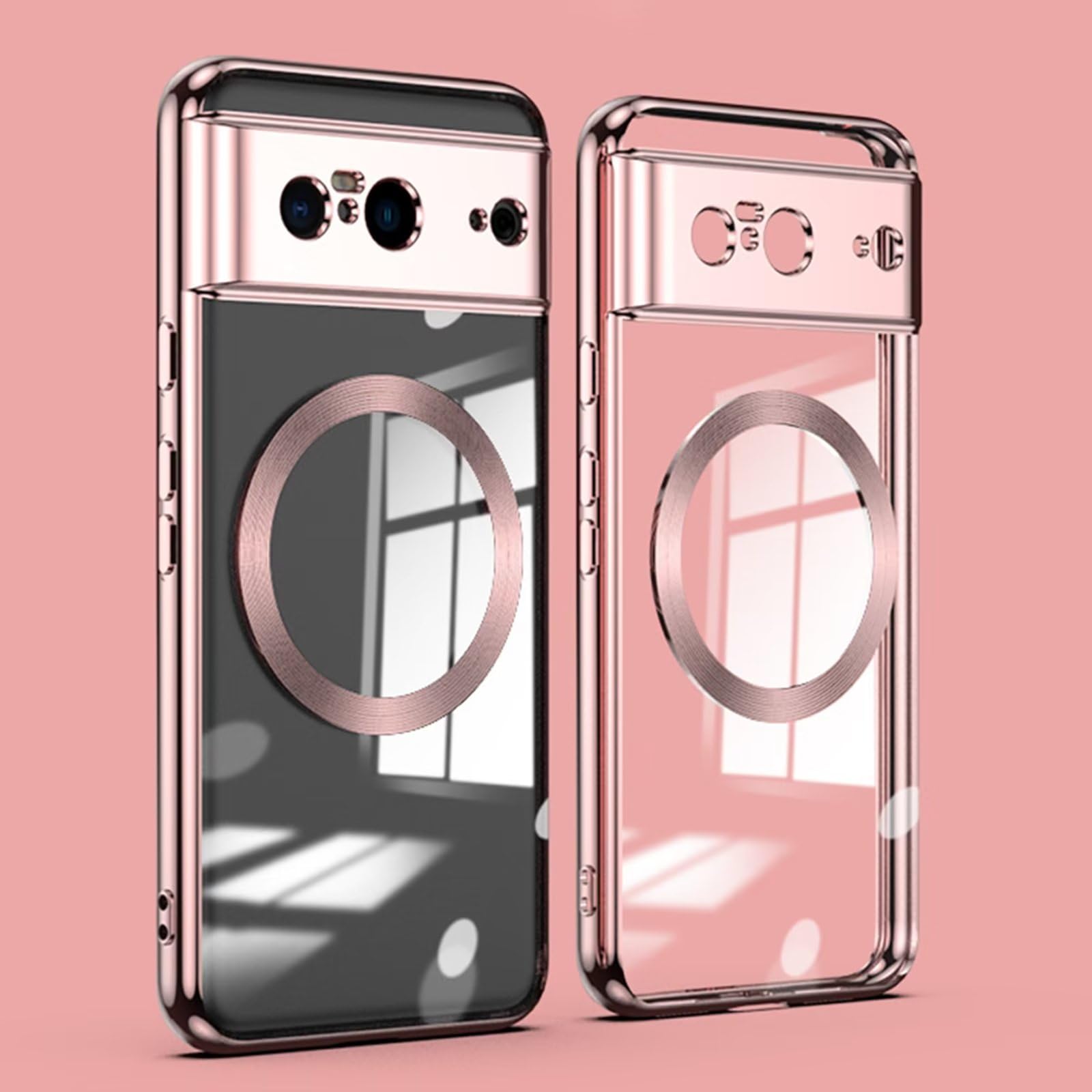 Jeelar ESONG Magnetic Clear for Google Pixel 8 Case with MagSafe[Wireless Charging][Camera Lens Cover Protection] Silicone Shockproof Protective Phone Cover[Non-Yellowing/Anti-Fingerprint]-Rose Gold