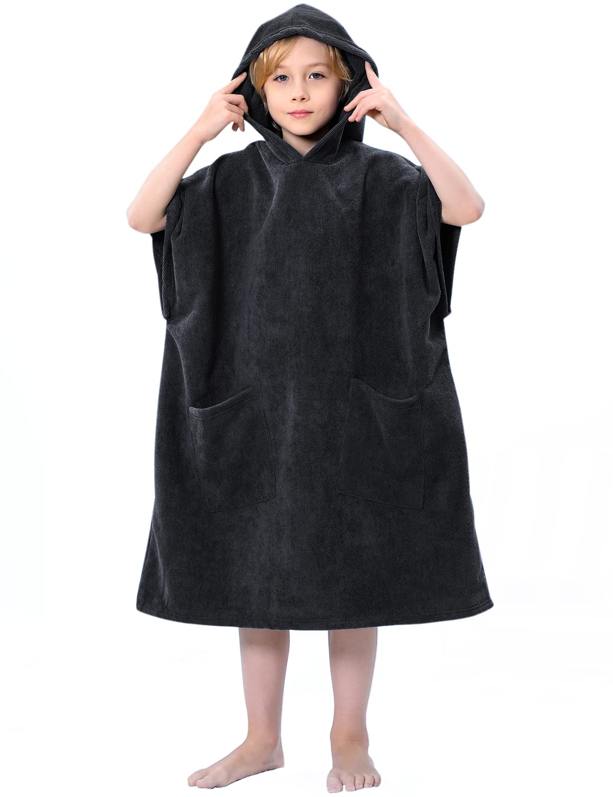 TOMEEK Hooded Towel for Kids Microfibre Kids Surf Poncho Towels Changing Robe Towel with Pocket Boys Girls Beach Poncho for Swimming,Surfing,Bathing(Noir)