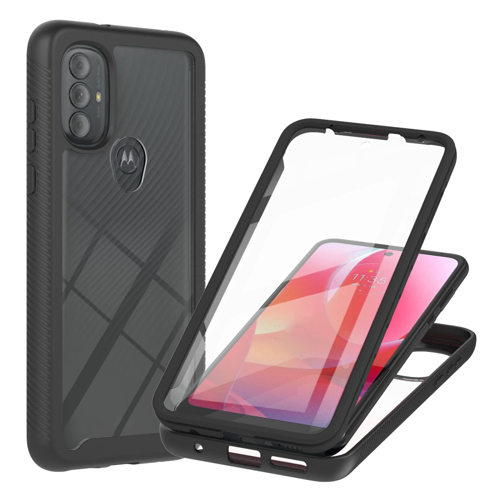 Motorola Moto E20 Case Built-in Screen Protector, 360 Full Body Protective Cover Anti-Scratch Shockproof Clear Silicone Bumper Slim Phone Case for Motorola Moto E20, Black