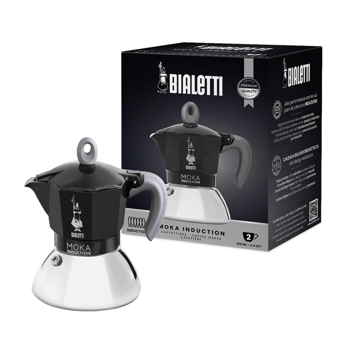 Bialetti - Moka Induction Coffee Maker, Suitable for all types of hobs, 2 Espresso Cups (100 Ml), Black