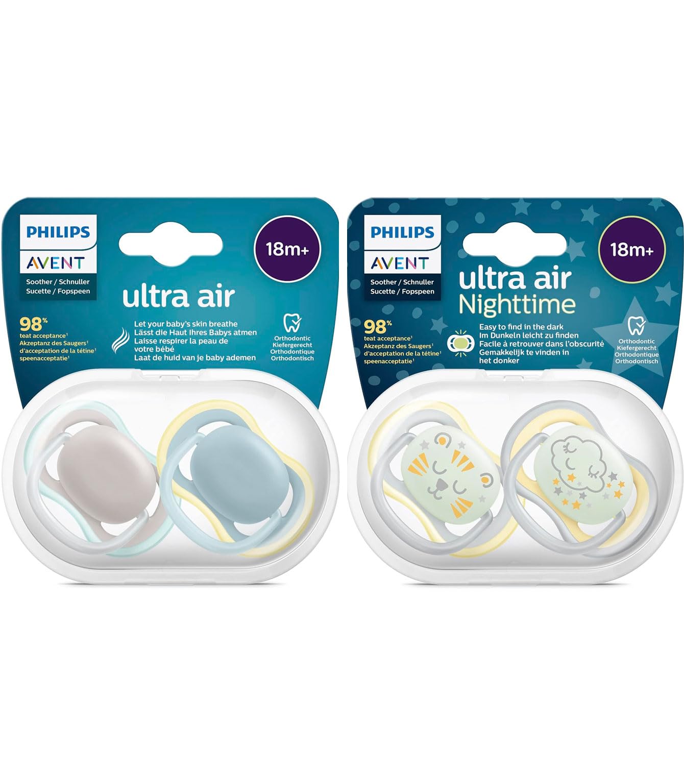 Philips Avent Ultra Air Day Night Soothers 18+ Months, Pack of 4, with Carry and Sterilising Box, 18+ Months, Plain