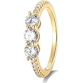 Three Stone Engagement Rings for Women, 1-2ct Radiant/Round Moissanite Ring Sterling Silver 14K Gold Plated Emerald Cut 3 Stone Ring VVS Diamond Promise Rings Gift Jewelry for Lover Wife Size 4-10
