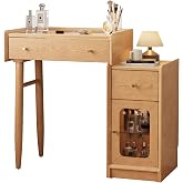 AnywaysWood Luxury 100% Solid Wood Vanity Desk, Mid-Century Modern Makeup Table with Glass Top &amp; Ambient Light, 2-in-1 Vanity and Nightstand with Storage Cabinet for Bedroom (Log Color Desk Only)