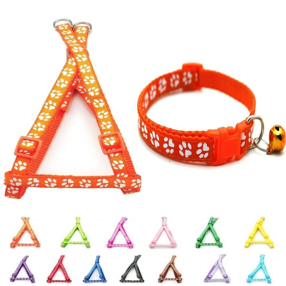 Small Dog Puppy Pet Collar and Harness Set Pawprint Design Nylon Adjustable Neck Size 19-32cm and Chest Size 21-34cm Orange
