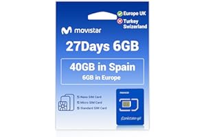 MEWFI Prepaid Movistar Europe Sim Card 27 Days, Europe 6GB, Spain 40GB, Unlimited Local Calls, Activation Required, Except Switzerland,Turkey