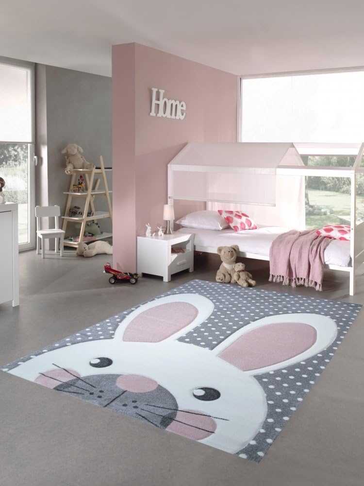 Kids rug Play carpet Kids room Baby rug Bunny in Pink White Gray size 160x230 cm