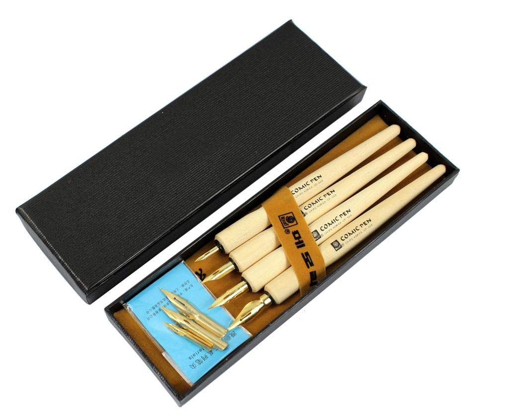 Hillento Comic Dip Pen Set, 4 Wooden Pen Manager Cartoon Artist Dipped Calligraphy Pens with 8 Crushes - Great for Manga/Comics/Calligraphy