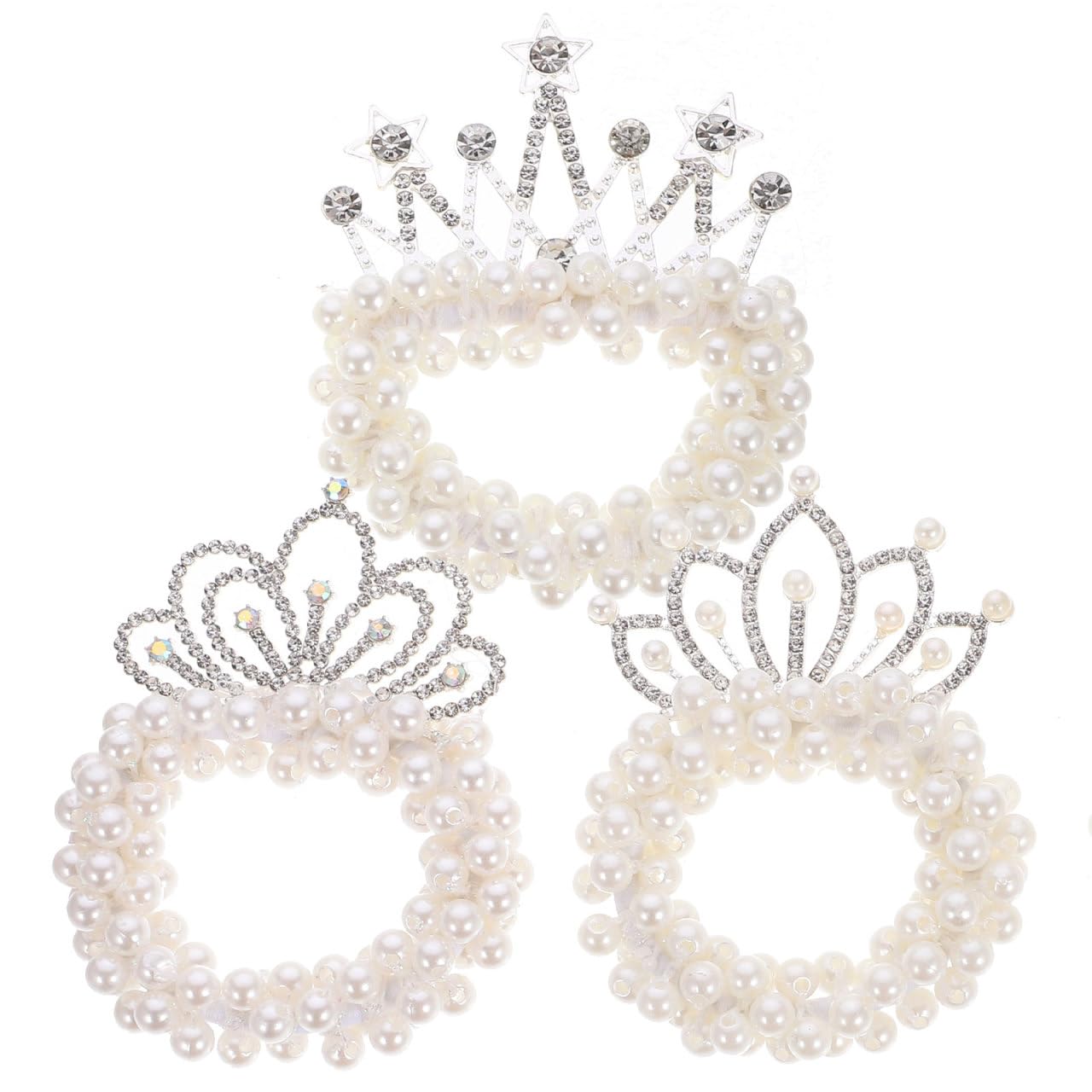 Beavorty Pearl Hair Ties: 3Pcs White Pearl Scrunchie Elastic Ponytail Holder with Crown Hair Accessories for Women and Girls