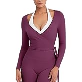 YEOREO Women Pilates Wrap Top Long Sleeve Tie Ballet Workout Yoga Shirt Michelie Y2K V Neck Cropped Tops