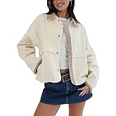 HOULENGS Womens Lightweight Button Down Cropped Barn Jackets Vintage Plaid Gingham Collar Outerwear Coat with Pockets