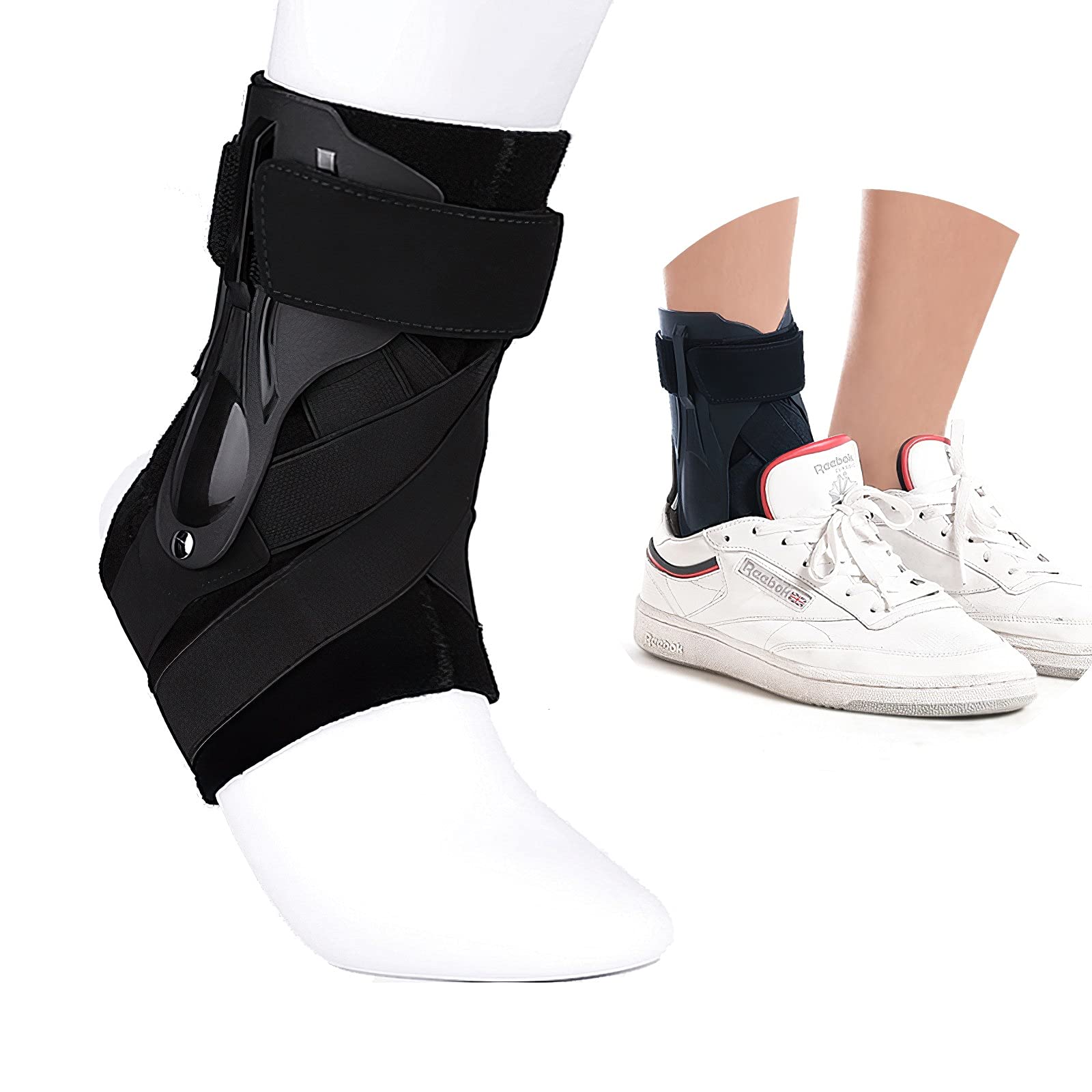 Chlffua Ankle Support Brace with Side Stabilizers and Cross Auxiliary Fixing Belt Strength Protection for Sports Injury Recovery Sprain, Arthritis, Strain, Fatigue, Foot Pain Relief 1 Piece (M)