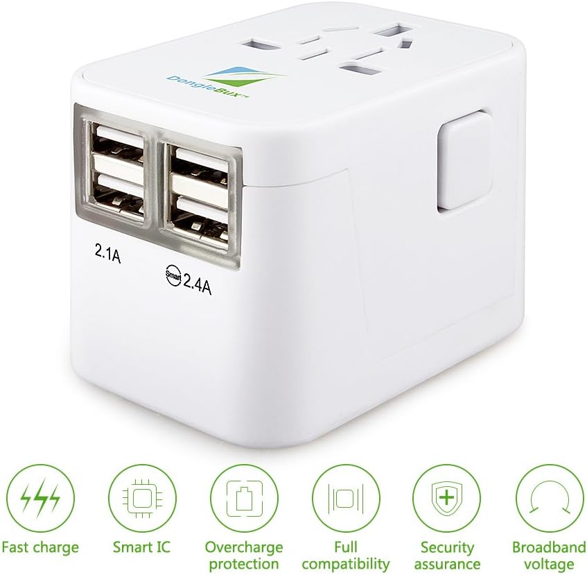 DongleBux Worldwide Travel Power Adapter with Fast Charge 4-USB Ports/Smart IC Function/ 3500mAh Wall Charger Plug/Compact & Lightweight/Compatible with All Electronics Using USB (White)