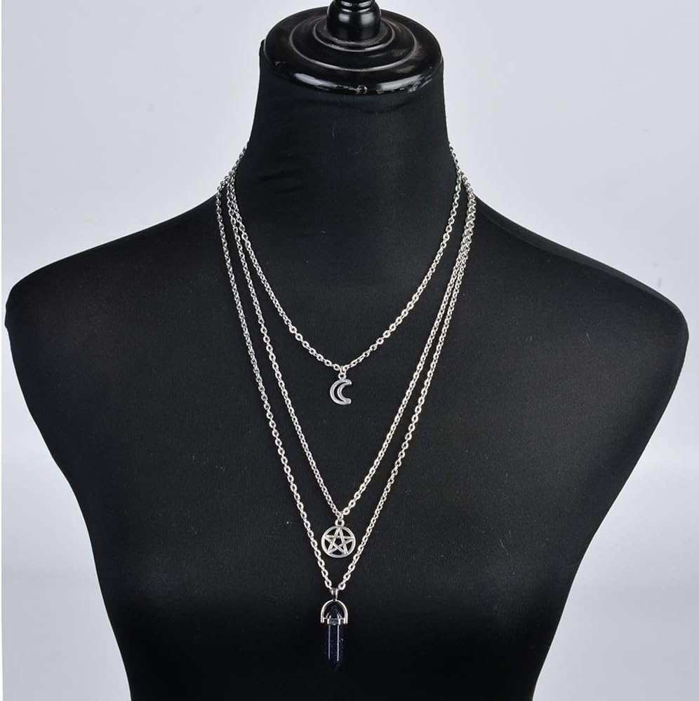 MJartoria Moon Pentagram Necklace Pentacle Chakra Charm Pendant Multi Layer Alloy Chain Choker Necklace Set Gothic Jewelry (Silver star hexagonal column-3pcs): Clothing