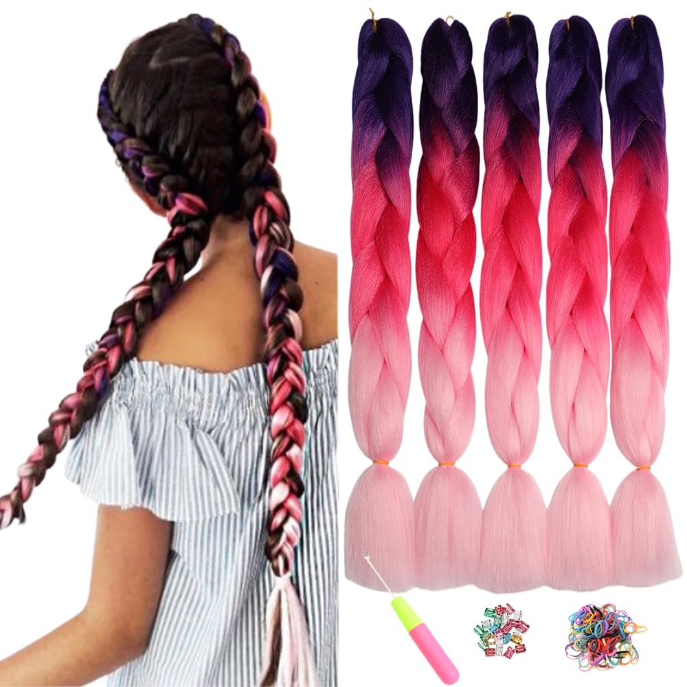 ShowJarlly 5 Packs Ombre Jumbo Braid Hair, Purple/Peach/Light Pink Kanekalon Hair African Braid Extension, 24inch Box Braid Hair Extensions Synthetic Colorful Hair Extensions for Braiding — image 1