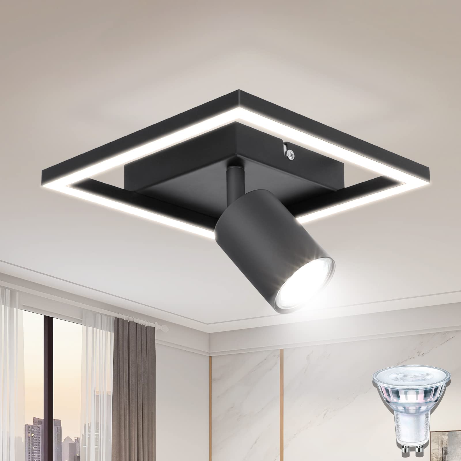 Dehobo Led Ceiling Light, Matt Black Ceiling Light 18W with Spotlight Adjustable, Modern Spot Lights Ceiling Neutral White 4000K for Hallway Kitchen Bedroom Living Room, 5W GU10 Bulb Included
