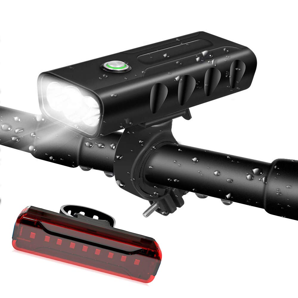 USB Rechargeable Bike Light Front, 3 LED 1200 Lumen, 6000 mAh Bicycle Light, Flashlight with 3 Modes, IPX5 Waterproof, Cycling Safety Bicycle Headlight（Light Front +Tail Light) (BX3)