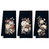 HSIASHENG Vintage Peony Floral Kitchen Towels, Rustic Elegant Botanical Dish Tea Towels, Dark Cottagecore Peony Flower Decorative Hand Towel for Bathroom Kitchen, 16x24 Inch Set of 3