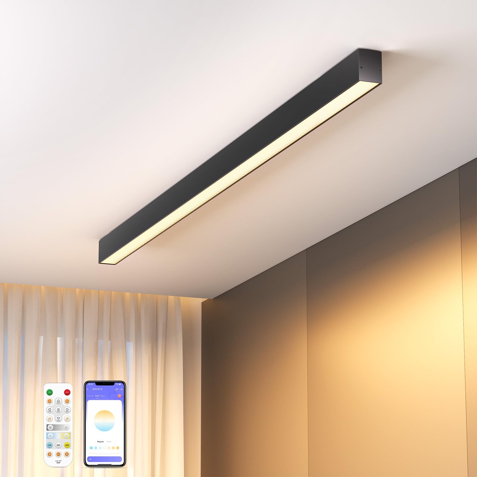 Photo 1 of Modern LED Ceiling Light with Remote, Black Dimmable Close to Ceiling Lamp Fixtures, 30W CCT (2700K-6000K), Smart Linear Ceiling Lights for Living Room Bedroom Office Hallway Kitchen(39.1inch/3.26ft)